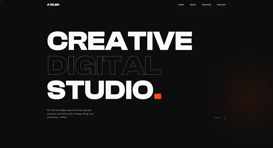 Atelier Studio creative agency website preview featuring bold typography and project showcases