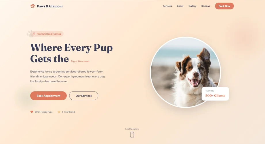 Paws & Glamour premium dog grooming website preview with elegant design and service cards